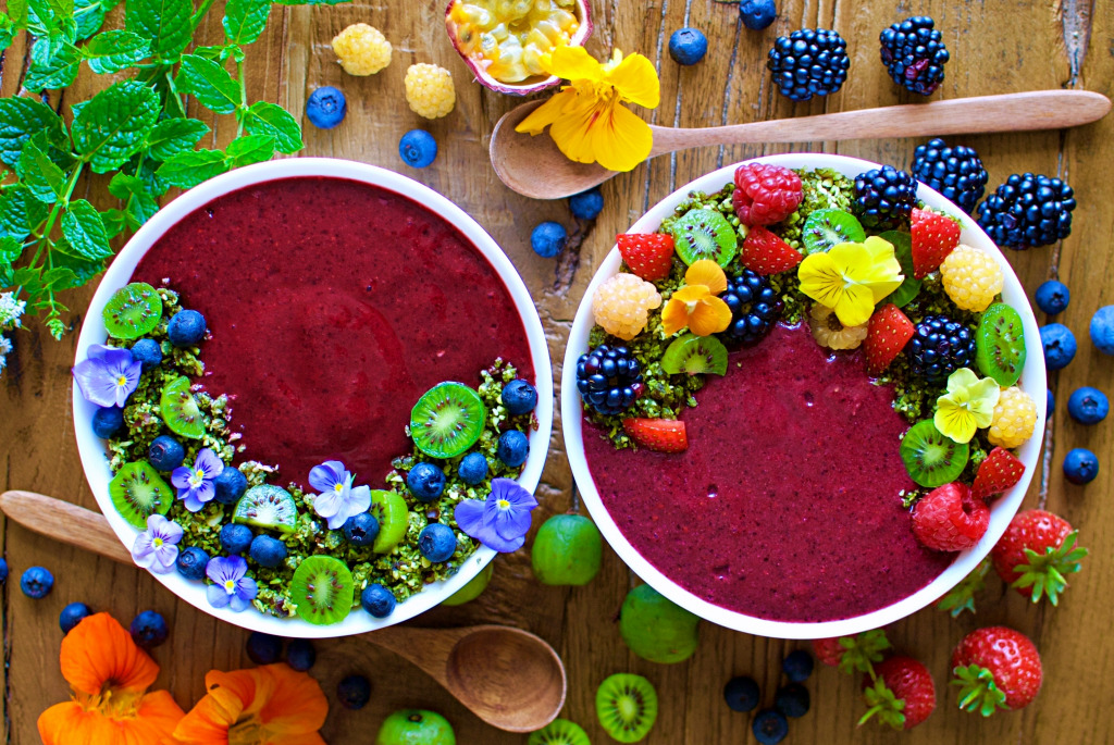 Acai Smoothie Bowls with Edible Flowers jigsaw puzzle in Fruits & Veggies puzzles on TheJigsawPuzzles.com