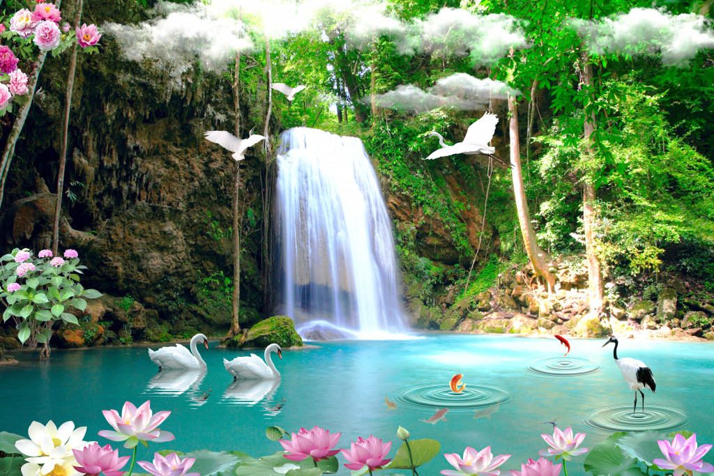 Wunderschöne Landschaft mit Wasserfall jigsaw puzzle in Wasserfälle puzzles on TheJigsawPuzzles.com