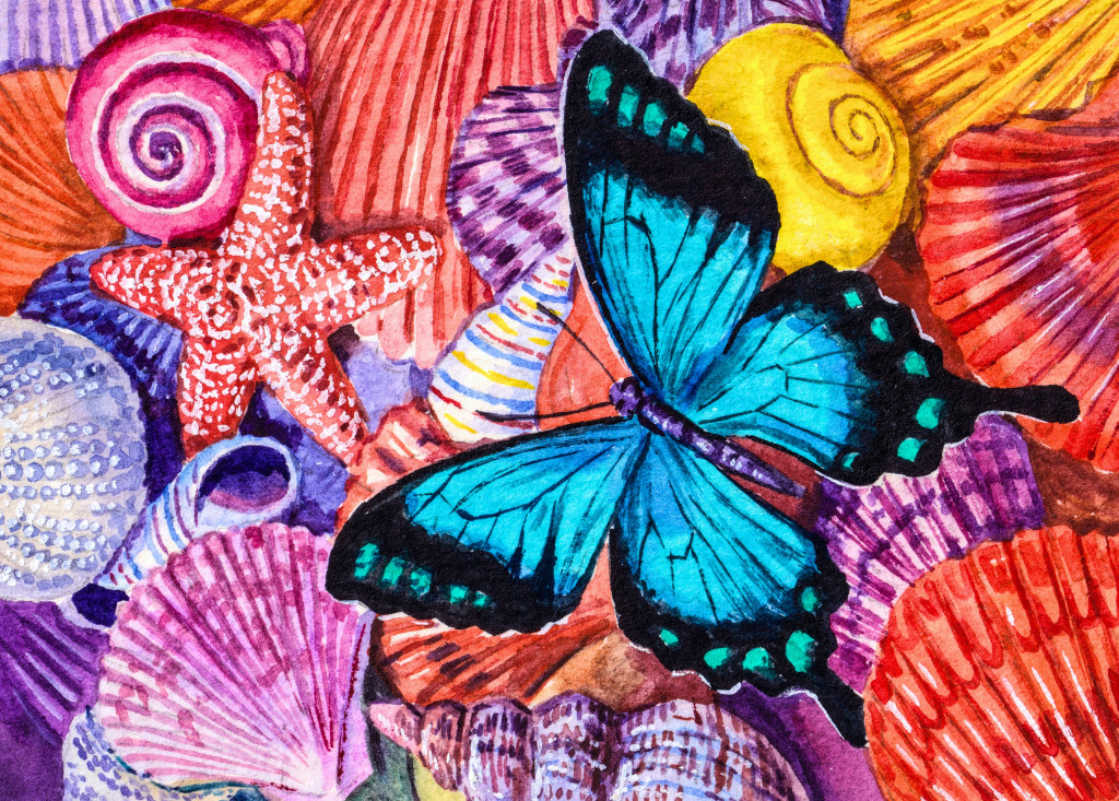 Papillon sur coquillages jigsaw puzzle in Sous les mers puzzles on TheJigsawPuzzles.com