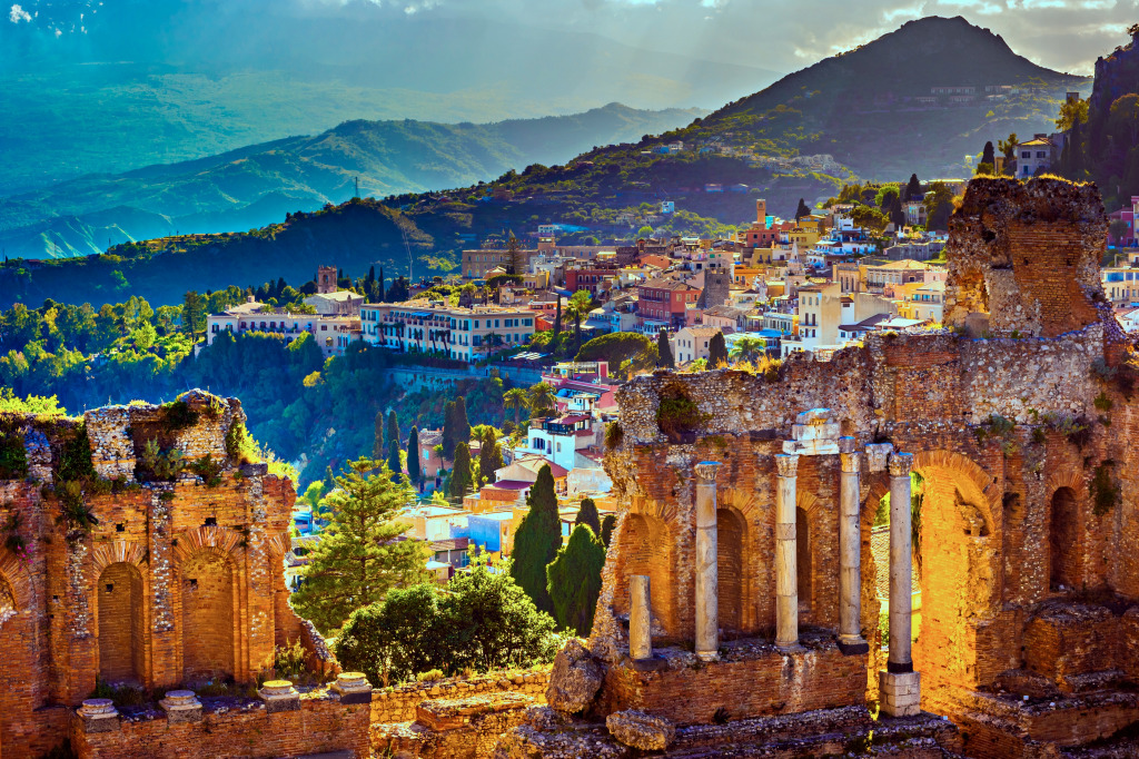 Ruins of the Theatre in Taormina at Sunset, Sicily jigsaw puzzle in Great Sightings puzzles on TheJigsawPuzzles.com