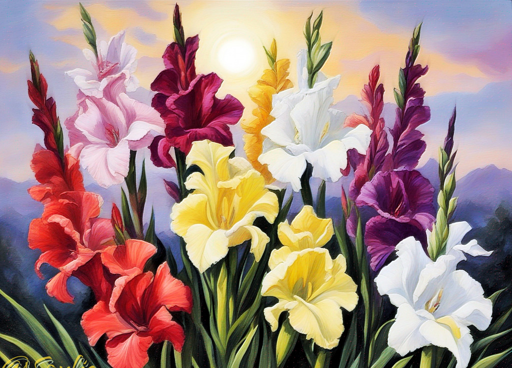 Flores de Gladíolo contra um Céu Suave ao Pôr do Sol jigsaw puzzle in Flores puzzles on TheJigsawPuzzles.com