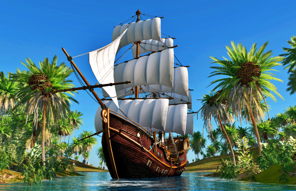 Исторический галеон, плывущий по тропической лагуне jigsaw puzzle in Пазл дня puzzles on TheJigsawPuzzles.com