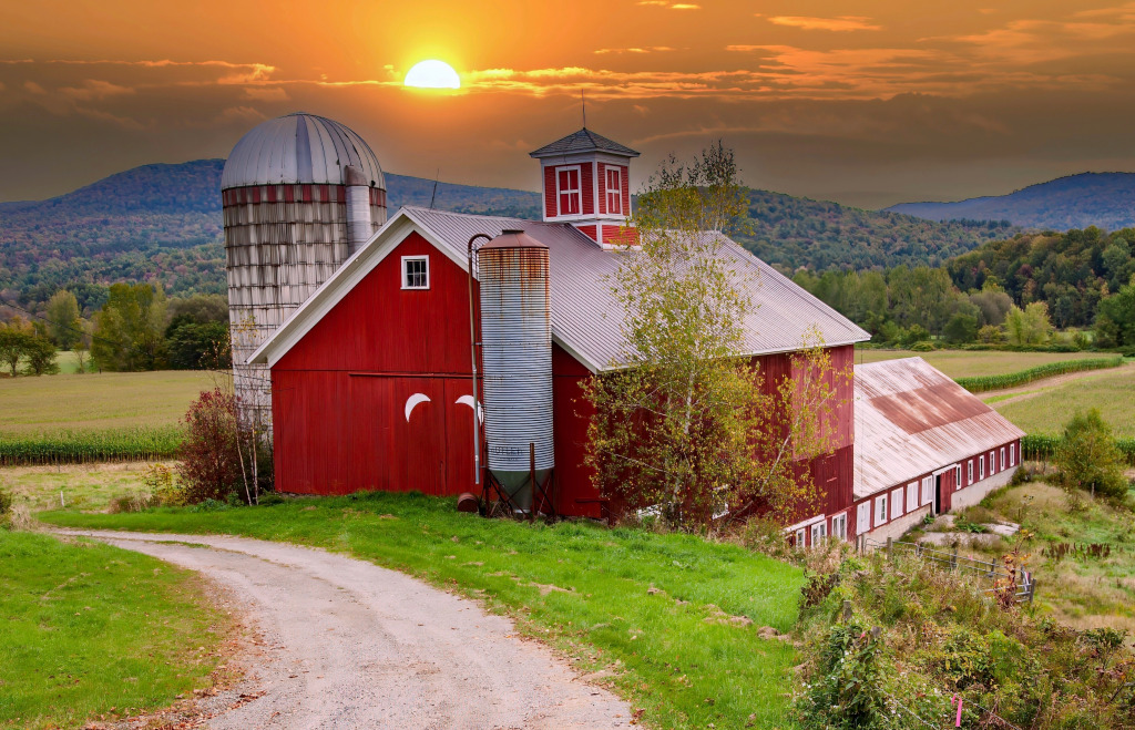 Grange en bois rouge avec tour en silo, Waterville, VT jigsaw puzzle in Puzzle du jour puzzles on TheJigsawPuzzles.com