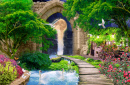 Swans and Waterfall in the Moonlight