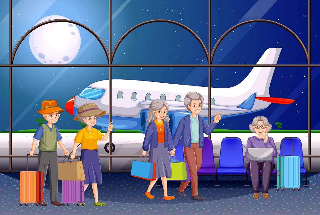 Иллюстрация пожилых туристов в терминале аэропорта jigsaw puzzle in Авиация puzzles on TheJigsawPuzzles.com