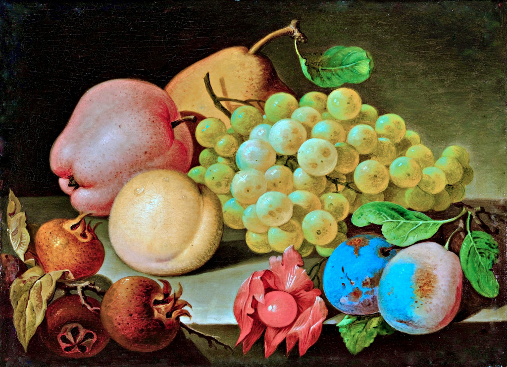 Stillleben mit Früchten und einer Rose auf einem Steinvorsprung jigsaw puzzle in Kunstwerke puzzles on TheJigsawPuzzles.com