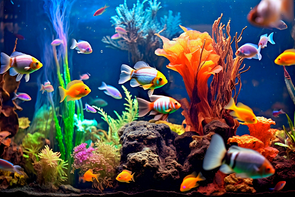 Tropical Sea Underwater Fishes On Coral Reef. Aquarium Oceanarium Wildlife Colorful Marine Panorama Landscape Nature Snorkeling jigsaw puzzle in Sous les mers puzzles on TheJigsawPuzzles.com
