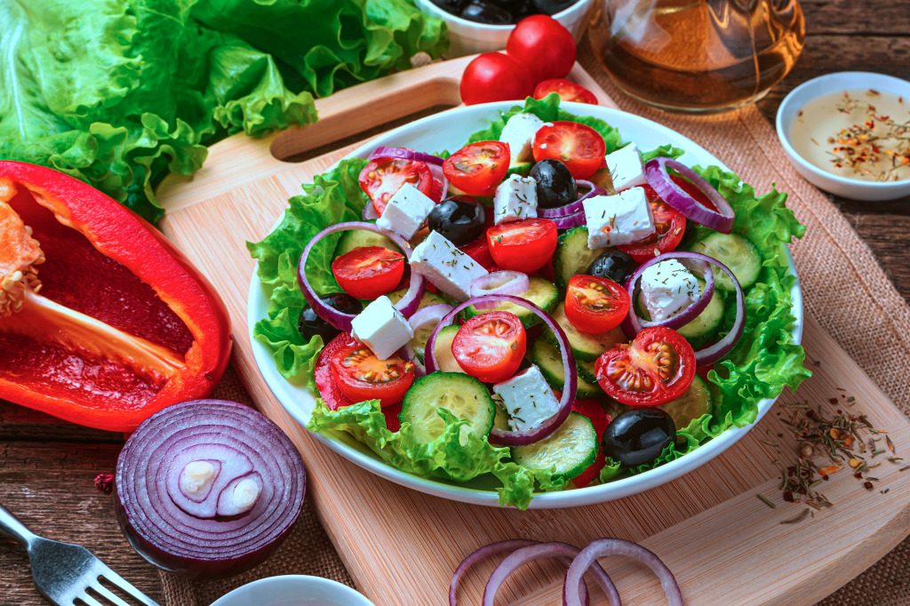 Plate of Greek Salad Close-Up jigsaw puzzle in Food & Bakery puzzles on TheJigsawPuzzles.com