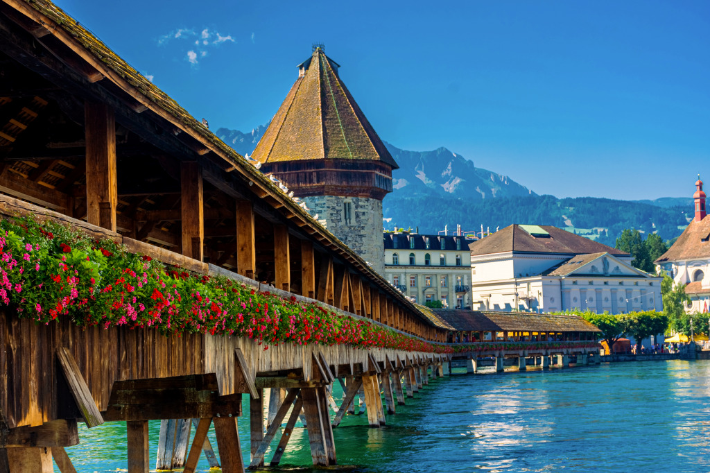 Scenery of the Chapel Bridge, Lucerne, Switzerland jigsaw puzzle in Bridges puzzles on TheJigsawPuzzles.com