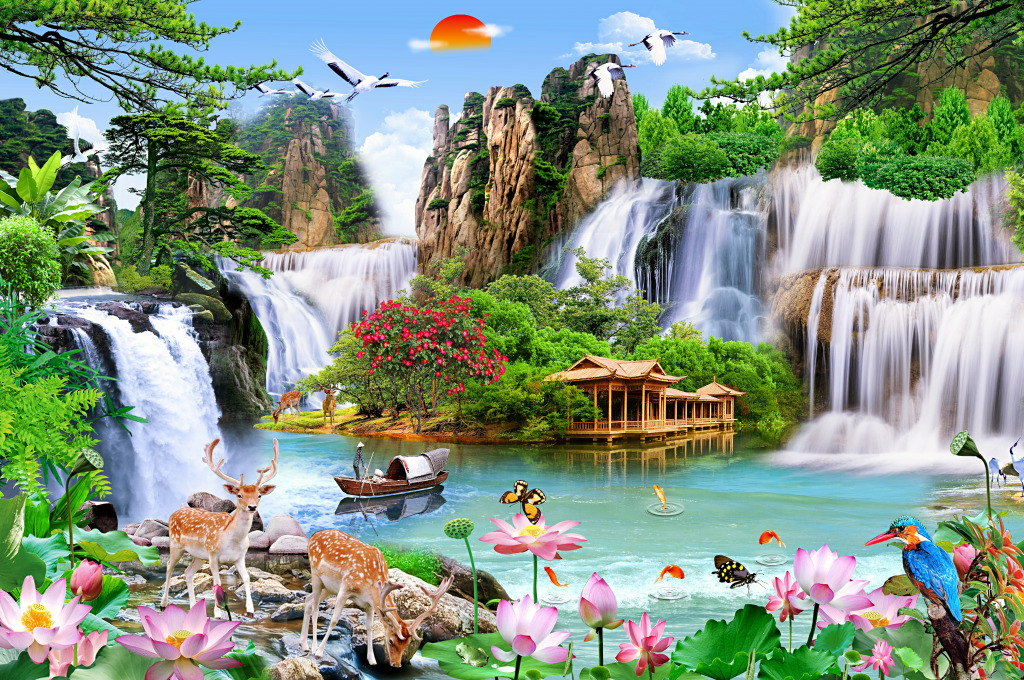 Bela paisagem com cachoeiras jigsaw puzzle in Cachoeiras puzzles on TheJigsawPuzzles.com
