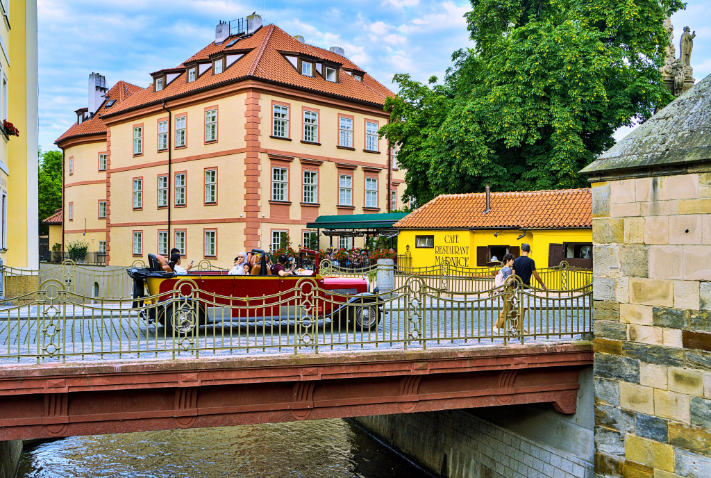 Retro Car on the Bridge in Prague, Czech Republic jigsaw puzzle in Bridges puzzles on TheJigsawPuzzles.com