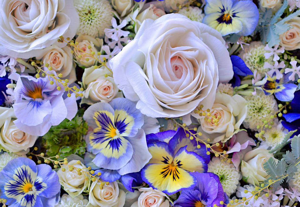 Beautiful Floral Arrangement of Violets and Roses jigsaw puzzle in Flowers puzzles on TheJigsawPuzzles.com