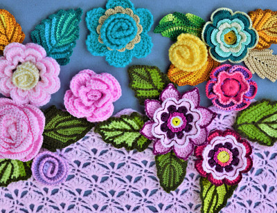 Multicolored Crochet Flowers and Leaves