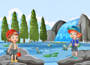 Fishing at a Forest Waterfall