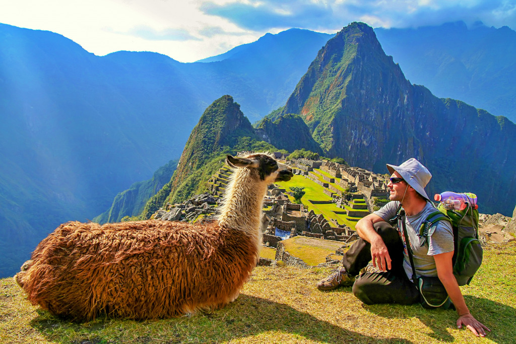 Tourist and Llama, Machu Picchu, Peru jigsaw puzzle in Animals puzzles on TheJigsawPuzzles.com