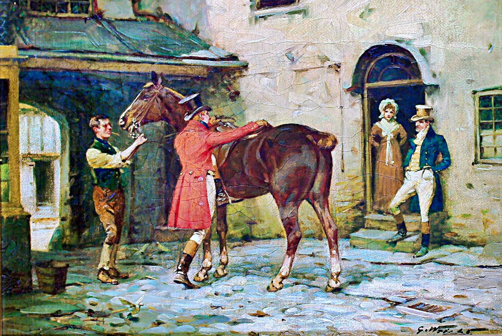 Ein Gentleman, der vor einer Taverne auf ein Pferd steigt jigsaw puzzle in Kunstwerke puzzles on TheJigsawPuzzles.com