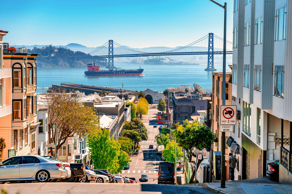 View of the Oakland Bay Bridge in San Francisco jigsaw puzzle in Bridges puzzles on TheJigsawPuzzles.com